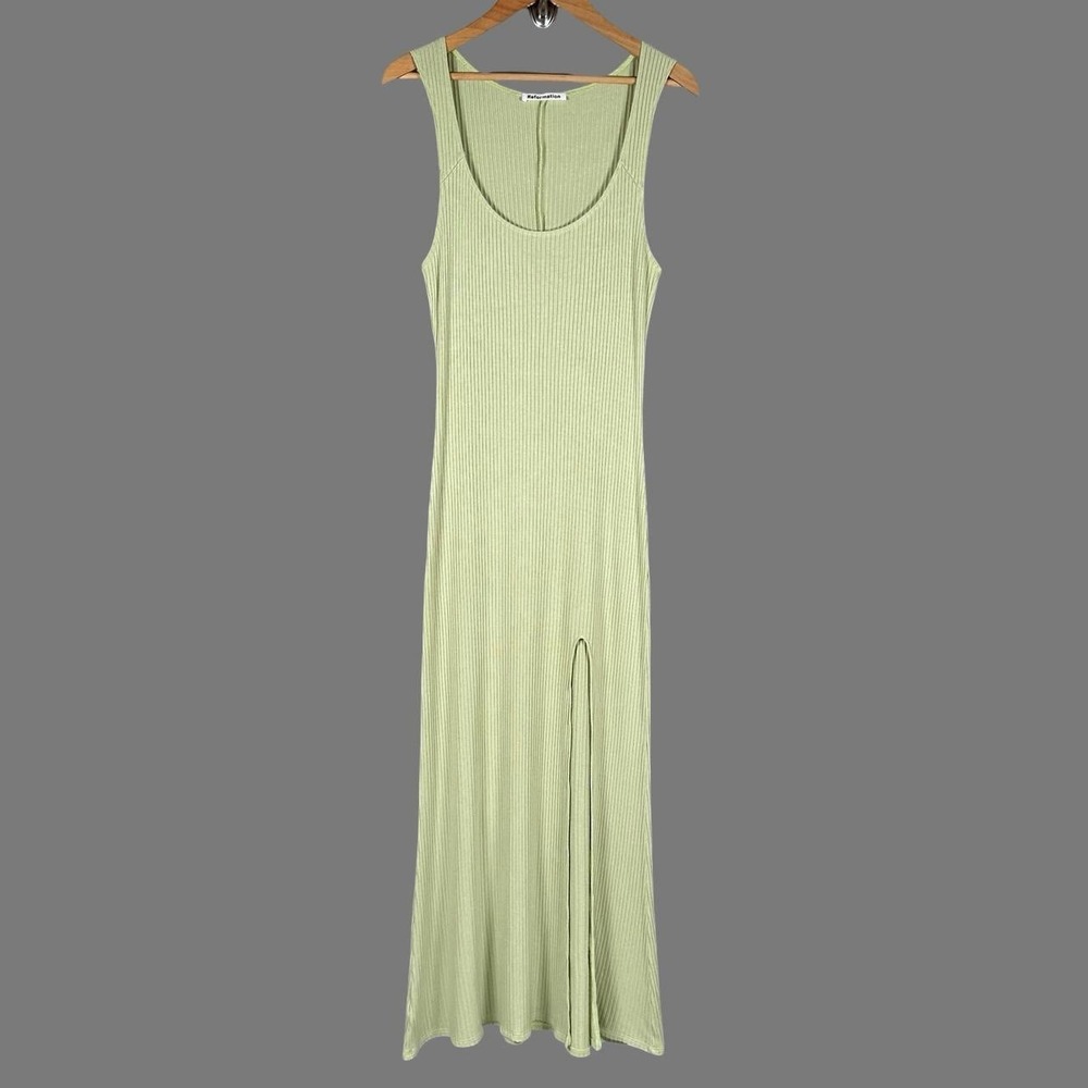 Reformation Bliss Ribbed Knit Maxi Dress Large Green Soft Scoop Neck Side Slit